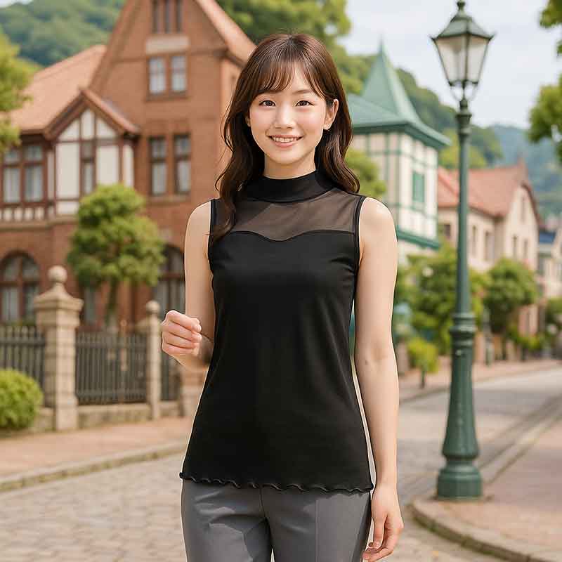 【M〜L】日本製チュール切替ボトルネックタンクトップ|涼感×上品レース(D16039)