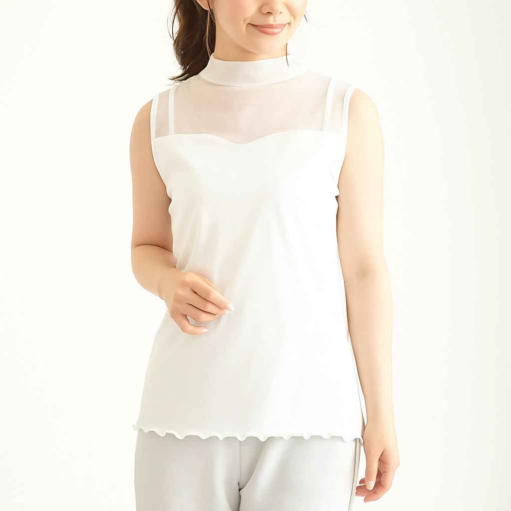 ホワイトのシアーネック ノースリーブトップス D16039 モデル正面着用