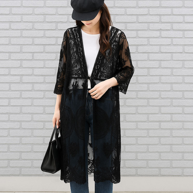 【M】綿混 チュール刺繍レース カーディガン SILENT WORTH|シアー 上品 体型カバー 羽織り 夏 N-2736