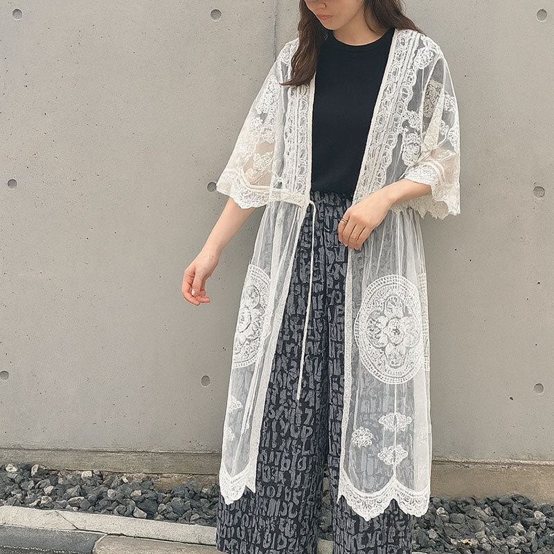 【M】綿混 チュール刺繍レース カーディガン SILENT WORTH|シアー 上品 体型カバー 羽織り 夏 N-2736
