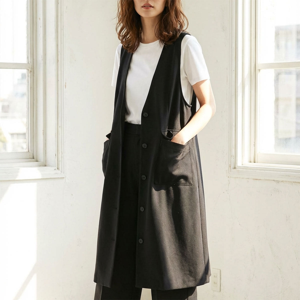 【M】深Vネックロングベスト ジレ 起毛素材 大きなポケット 体型カバー SILENT WORTH