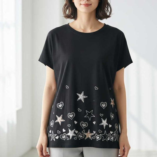 星柄 ハート 刺繍 Tシャツ 半袖 綿混 ストレッチ 涼しい 楽ちん トップス M-L