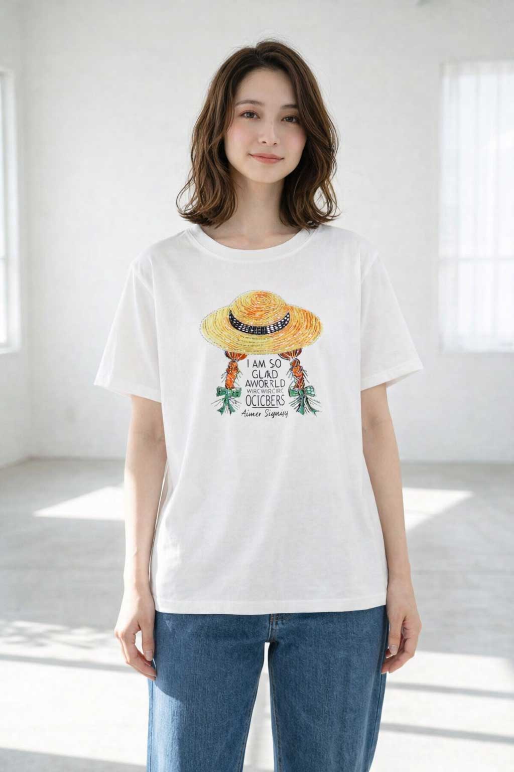 ハットガール プリント Tシャツ スパンコール装飾 半袖 綿混 ストレッチ クルーネック 白