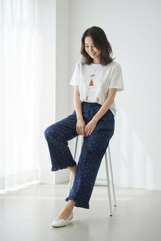 猫と女の子 イラストプリント Tシャツ 半袖 綿混 ストレッチ ゆったり M〜L ホワイト