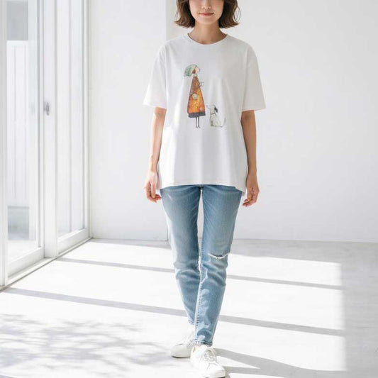 お散歩 犬と女の子 イラスト プリント Tシャツ 半袖 綿100 ゆったり 体型カバー
