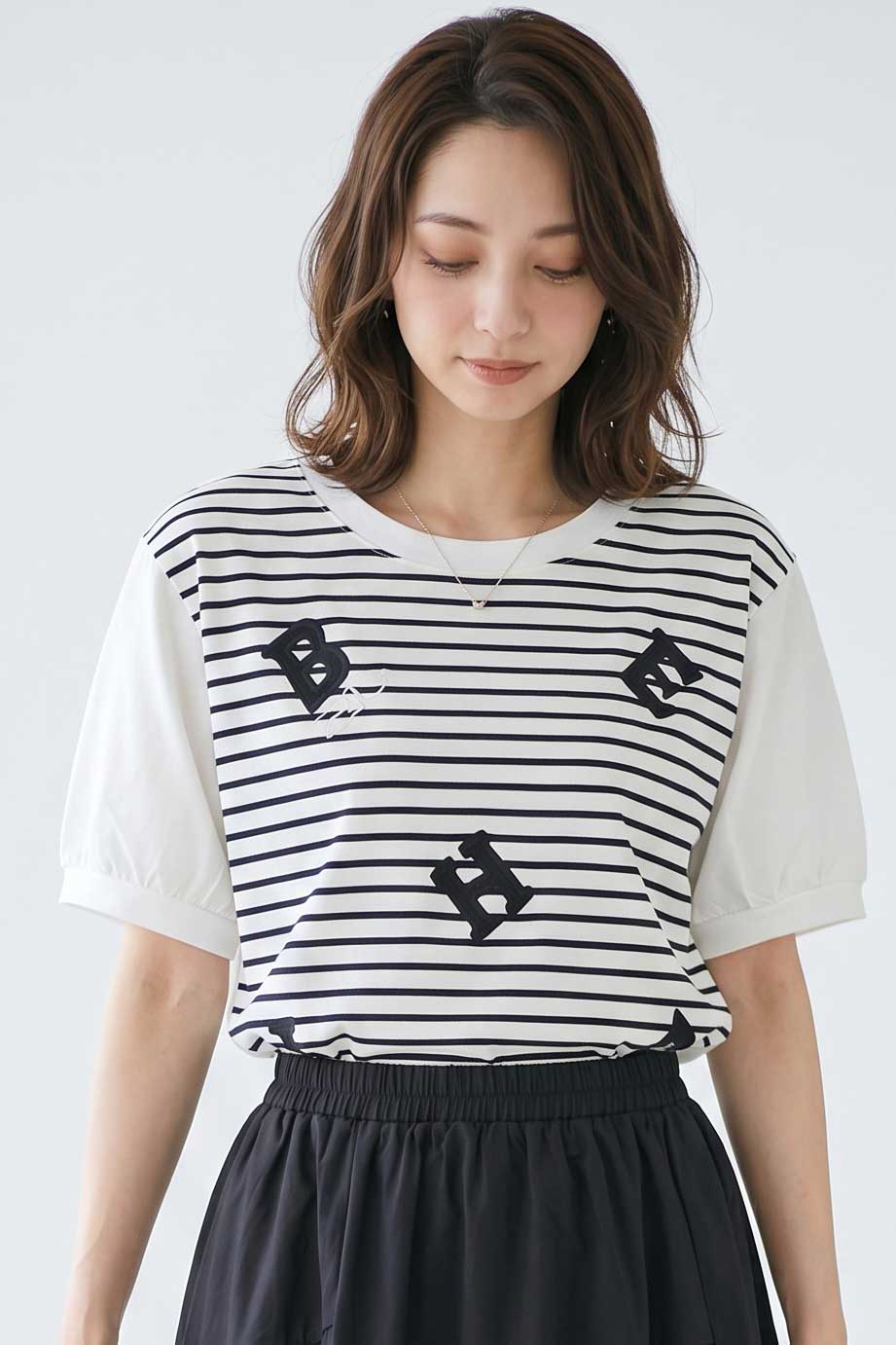 アルファベット刺繍 ボーダー切替 Tシャツ 半袖 ゆったり 体型カバー M-L