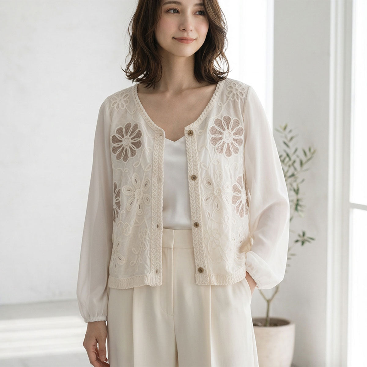 フラワー刺繍 レースカーディガン 長袖 シフォン袖 透かし編み ショート丈 羽織り 春夏