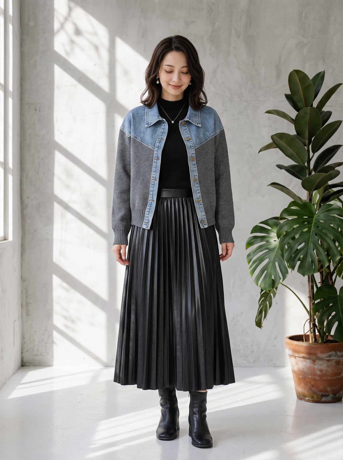 トップス ニット ジャケット カーディガン 異素材 デニム コンパクト 秋 冬 M L