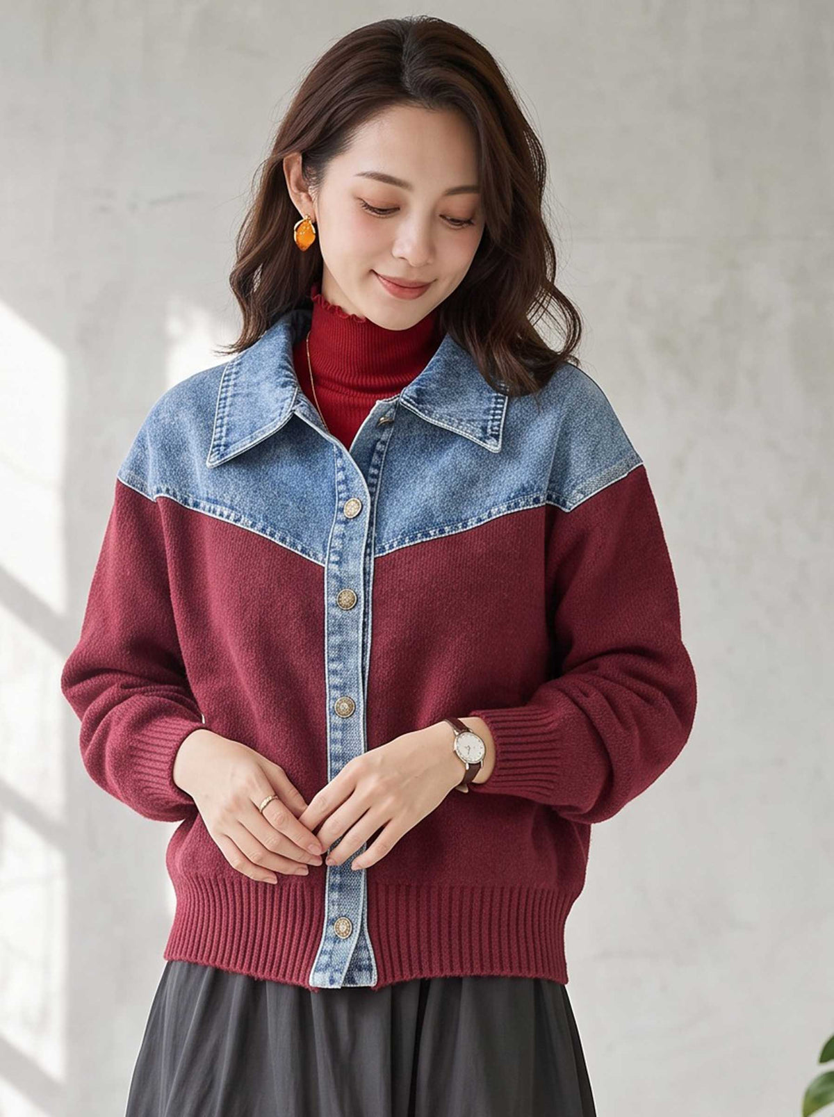 トップス ニット ジャケット カーディガン 異素材 デニム コンパクト 秋 冬 M L