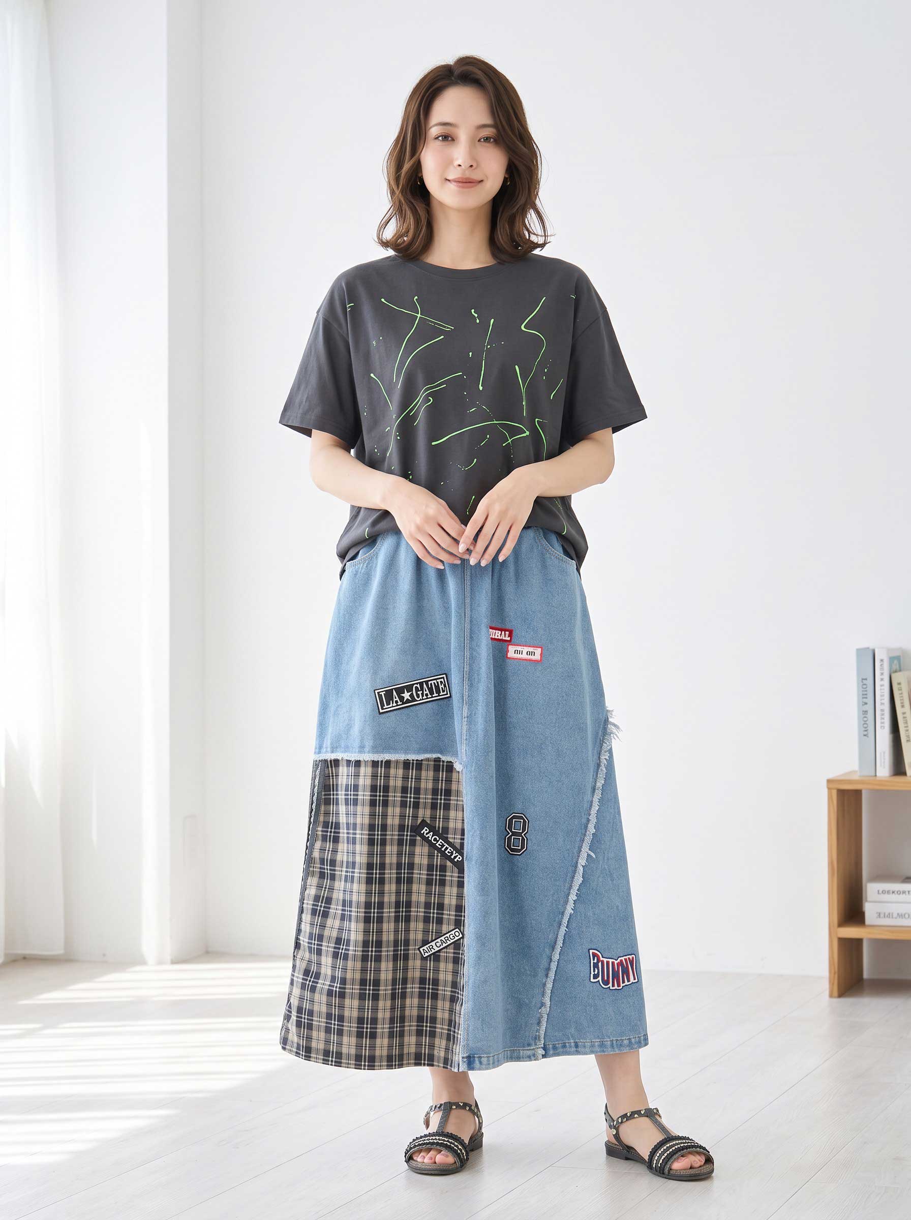 デニム チェック 切替 パッチワーク マキシ スカート ワッペン