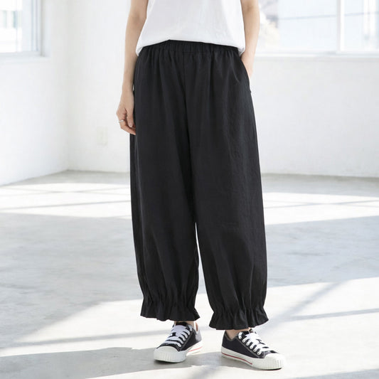 裾フリル バルーン ワイドパンツ ウエストゴム ジョガーパンツ ゆったり 綿混 春夏
