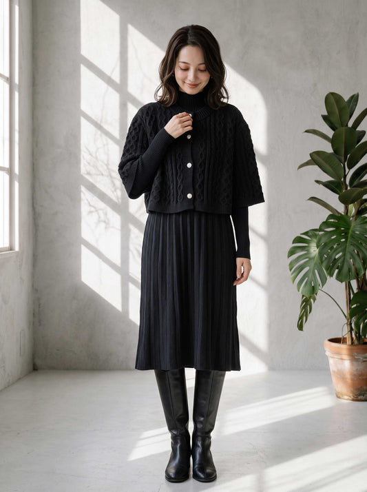 【2点セット】ケーブル編みボレロ&リブニットワンピース 長袖 すっきり 秋冬 M L