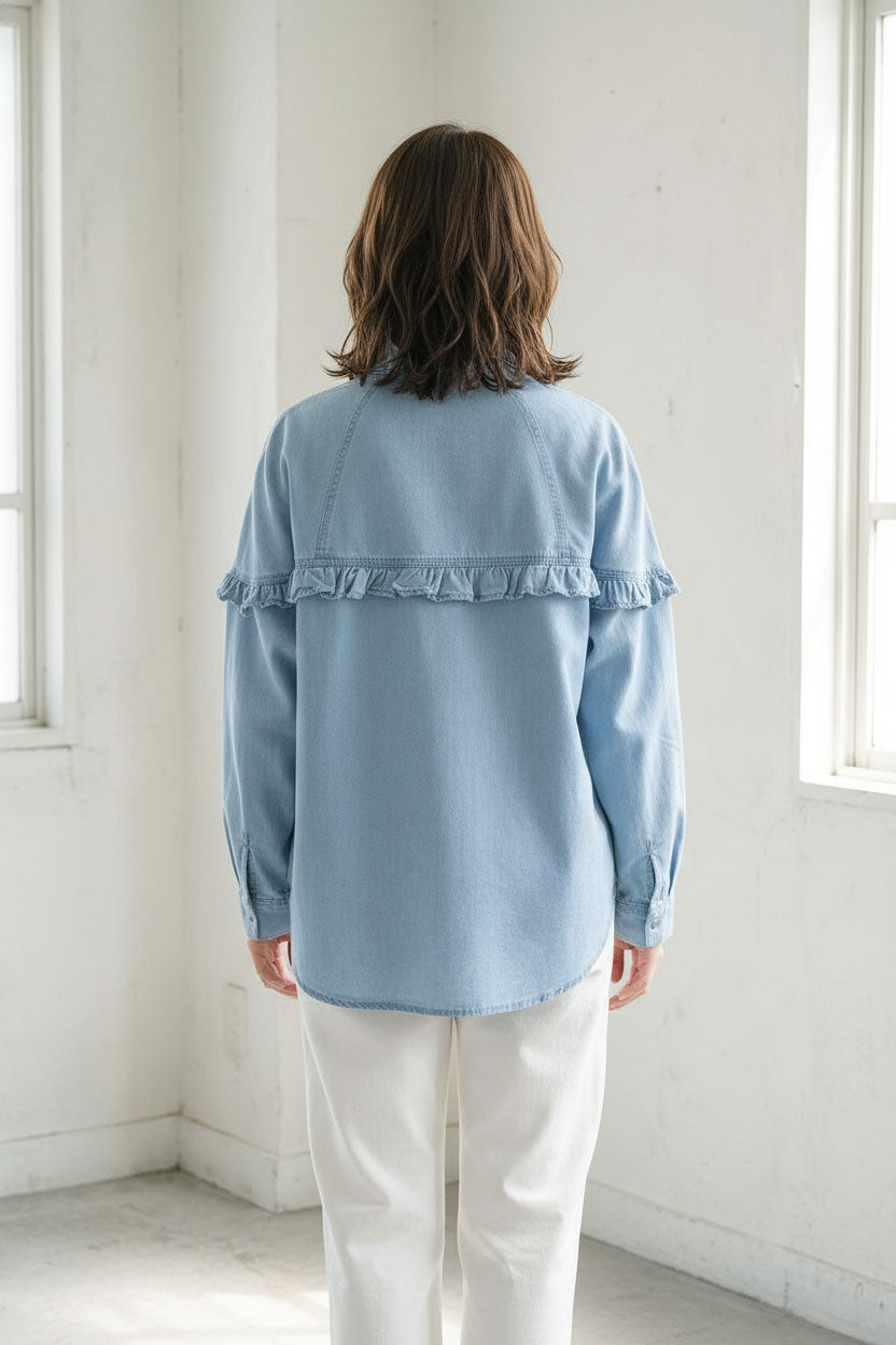 フリル デニムシャツ 長袖 ブラウス 綿100% ゆったり 羽織り カジュアル フェミニン