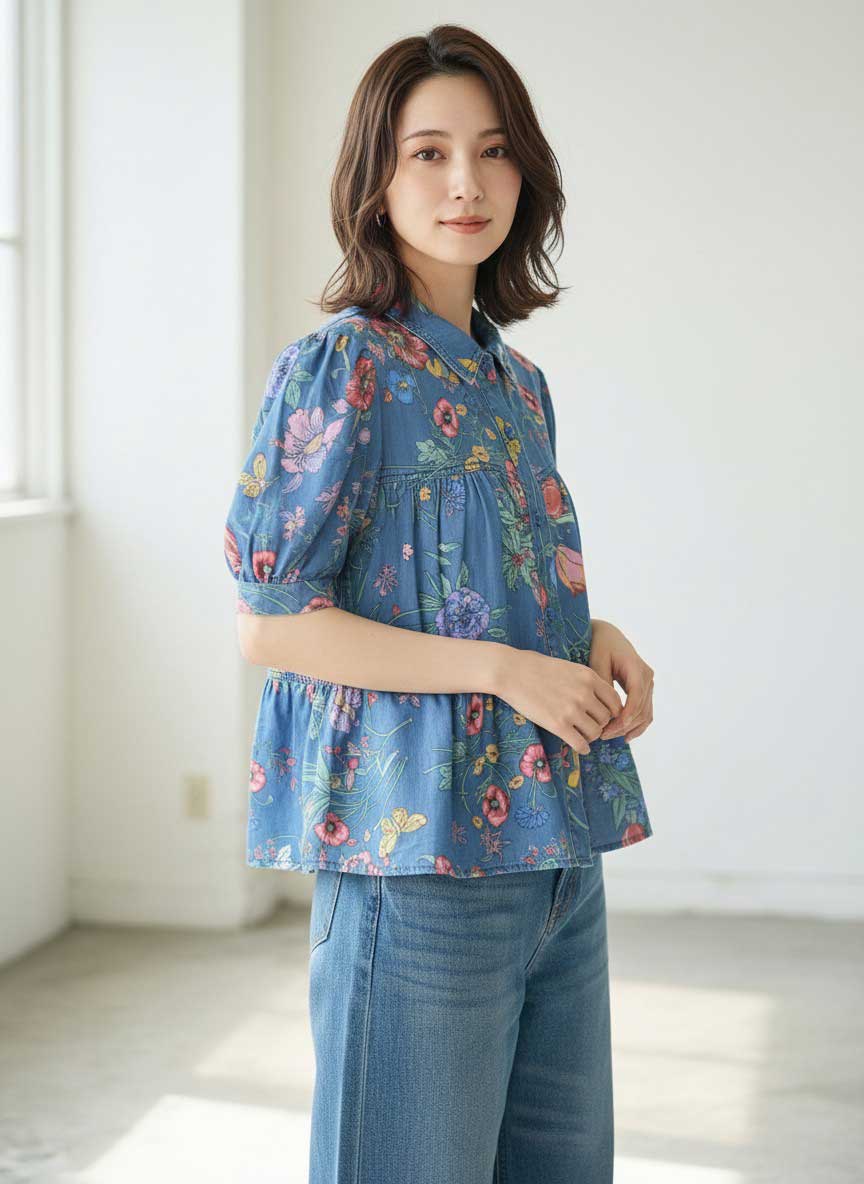 OHGA パフスリーブ ツイード ペプラム ブラウス ラメ ブルー系 花柄 パフスリーブ ブルー ペプラム ブラウス 綿100% ティアード M-L