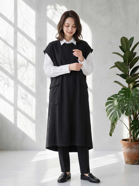 ワンピース ノースリーブ 異素材切替 ロング Aライン ゆったり 体型カバー 秋冬 M L