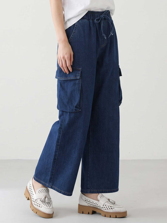 デニム ワイド カーゴパンツ サイドポケット ウエストゴム ゆったり 秋冬 M