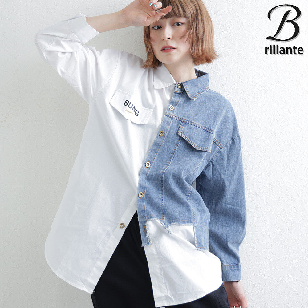 【M〜L】デニム切替アシンメトリーデザインブラウス|BRILLANTE