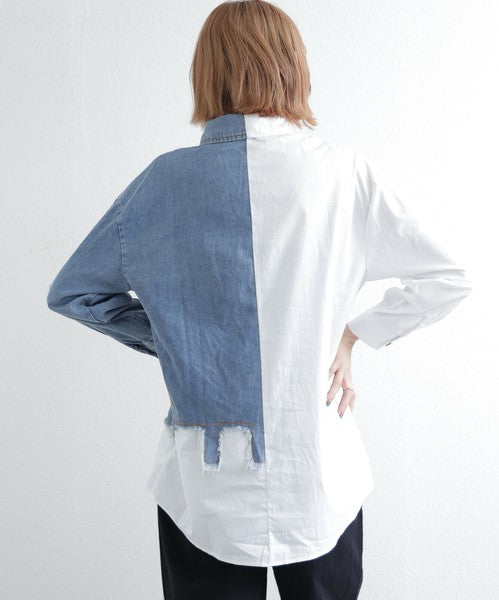 【M〜L】デニム切替アシンメトリーデザインブラウス|BRILLANTE