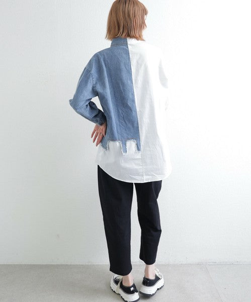 【M〜L】デニム切替アシンメトリーデザインブラウス|BRILLANTE