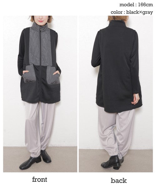 【フリー】裏起毛×キルティング 切替ロングベスト|Economico