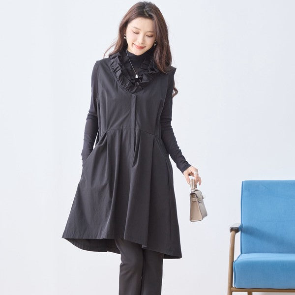 【M〜L/L〜LL】フリルネックロングベスト 大胆フリル レイヤード 体型カバー ナイロン混