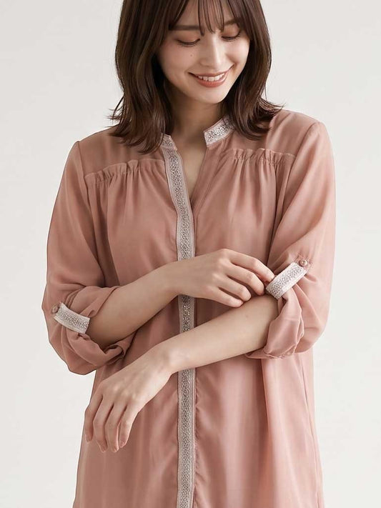 Mikonosublue Store dusty pink chiffon blouse with beaded trim, featuring a relaxed fit and 2-way roll-up sleeves.
