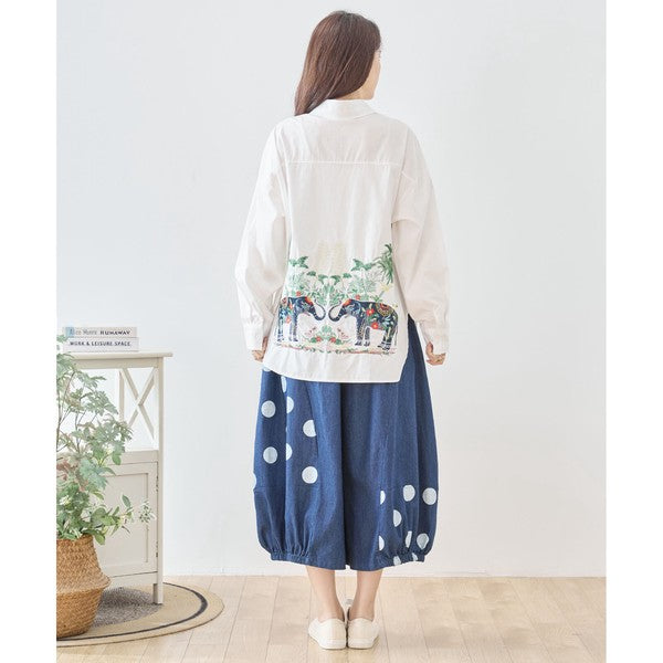 【M〜L】ドット切り替えバルーンデニムパンツ 大人可愛い個性派シルエット 綿100%