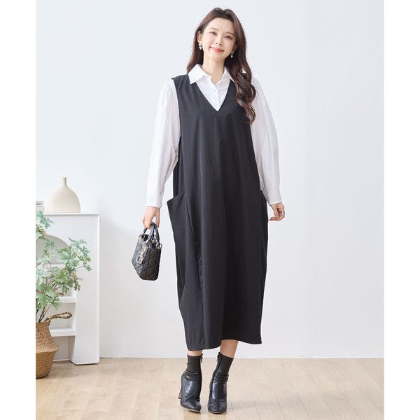 【L〜LL】ナイロンストレッチ Vネック2ポケットジャンパースカート|TRUBE・C08-248B