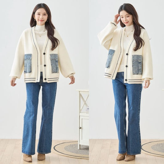 【M〜L】デニムポケット切替Vネックニットカーディガン|TRUBE