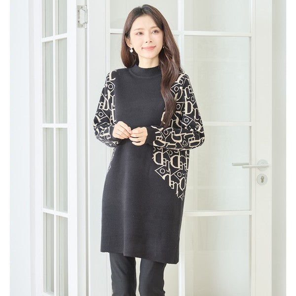【M〜L】幾何学柄スリーブ切替ニットチュニック|配色デザイン・大人きれいめ・TRUBE・N15-262A