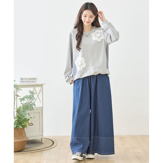 【M〜L】フラワーモチーフ異素材ストライプ切替プルオーバー|TRUBE