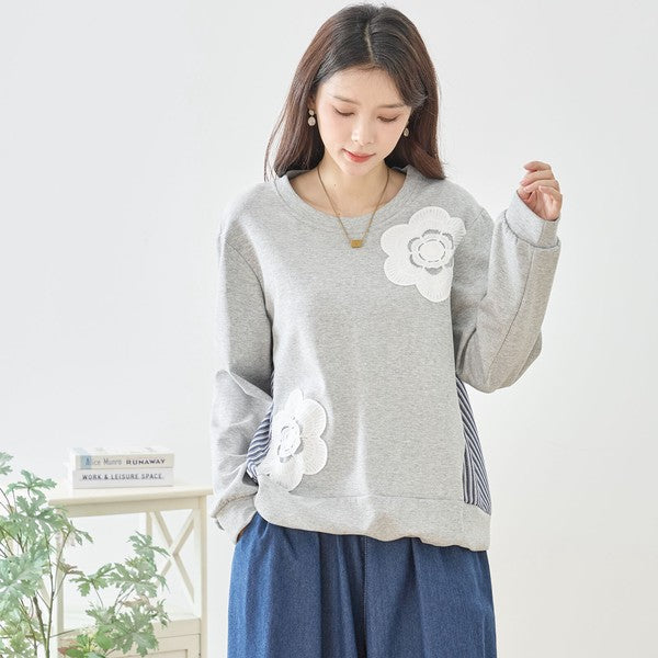 【M〜L】フラワーモチーフ異素材ストライプ切替プルオーバー|TRUBE