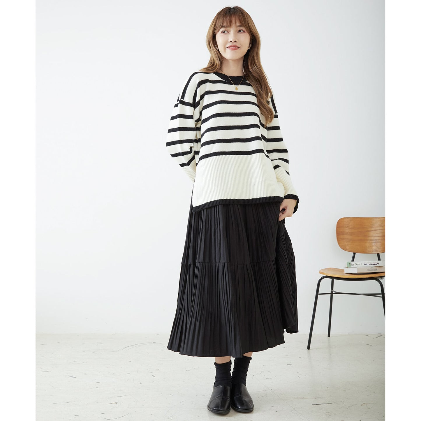 【M〜L】ラウンドネックボーダーニットプルオーバー トップス(R31-344) 10590446