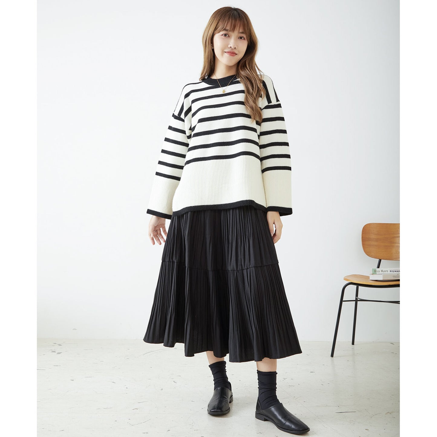 【M〜L】ラウンドネックボーダーニットプルオーバー トップス(R31-344) 10590446