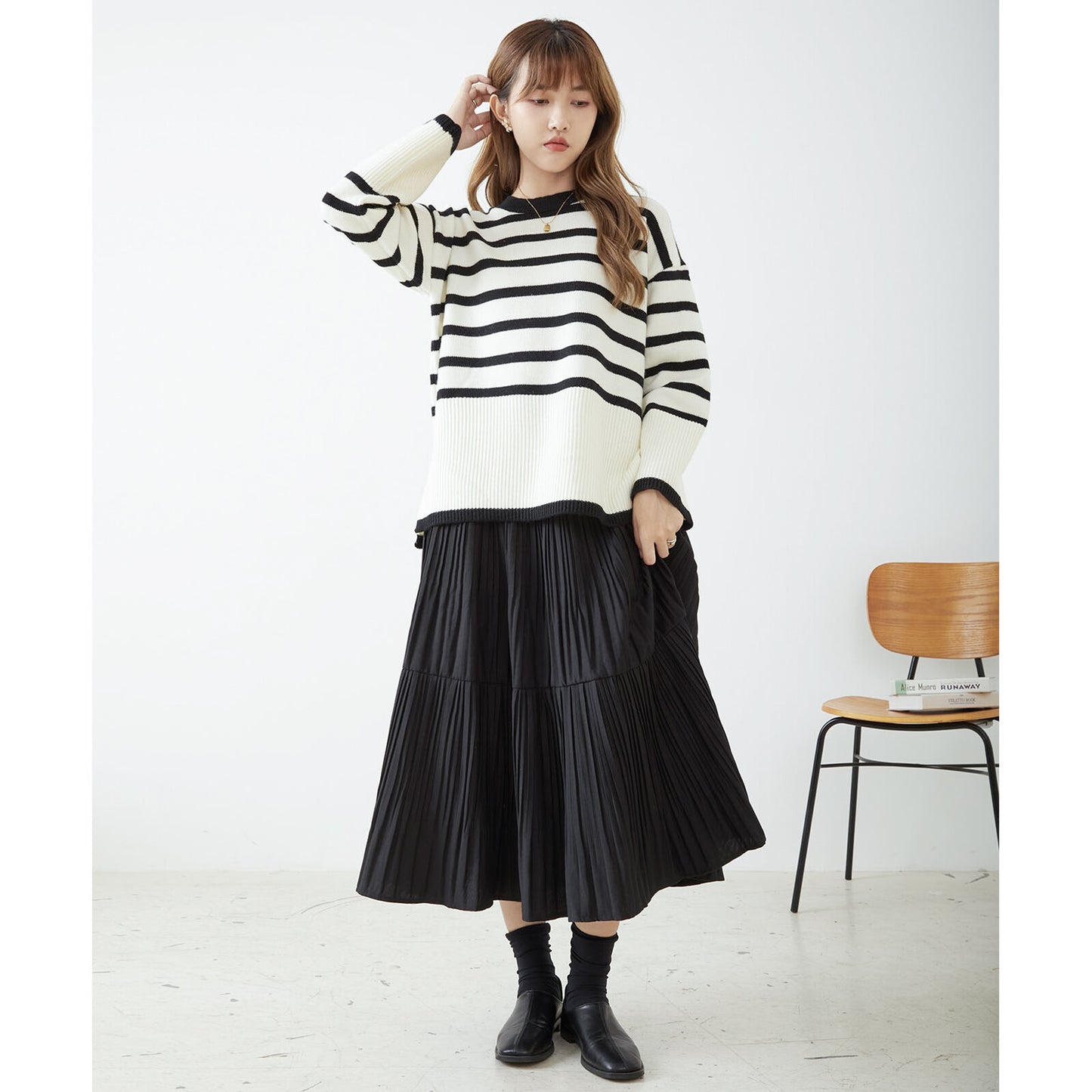 【M〜L】ラウンドネックボーダーニットプルオーバー トップス(R31-344) 10590446