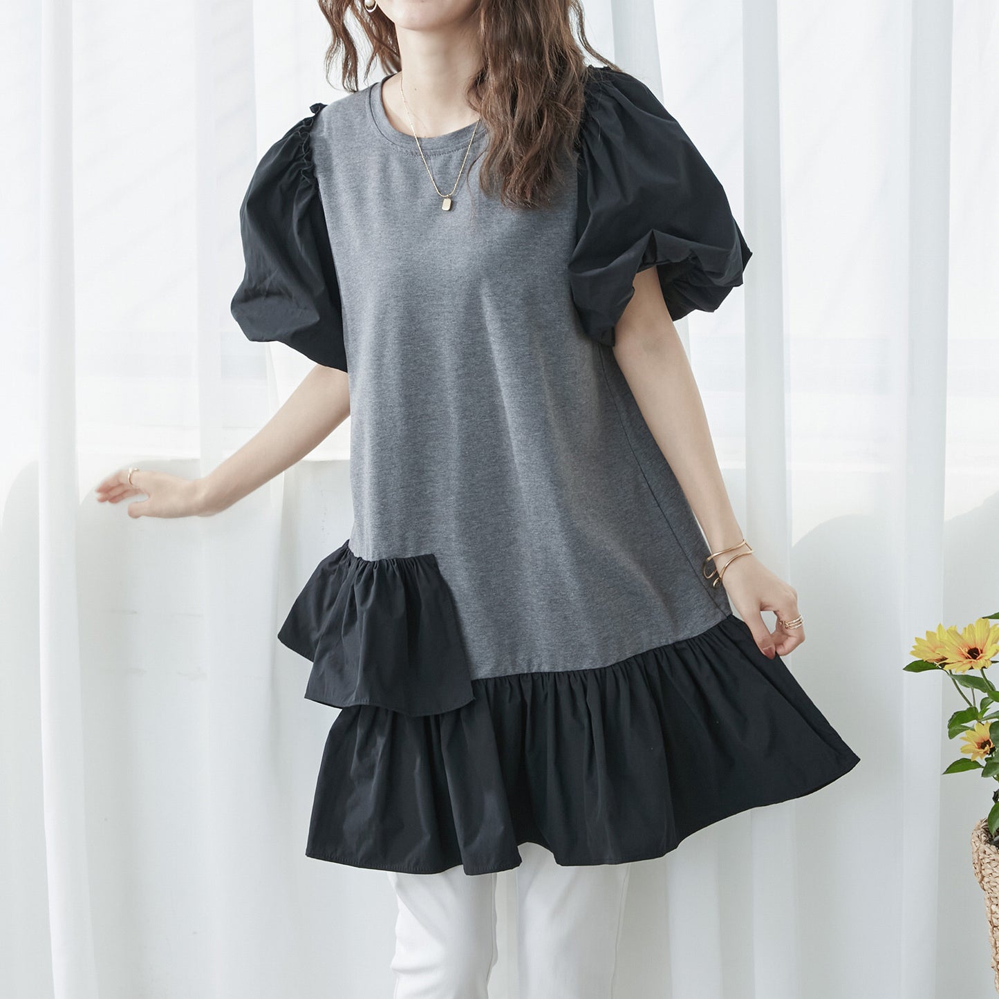 【M〜L】ボリューム袖フリルロングブラウス(C38-620)11133878