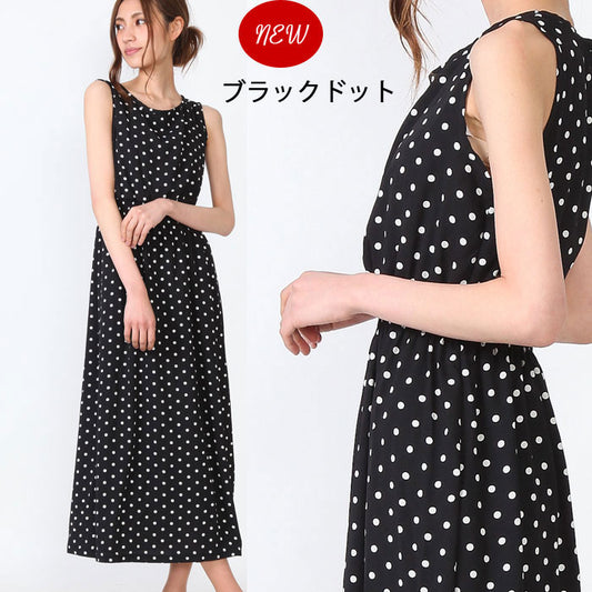 【F(M相当)】ドット柄マキシワンピース(68004)|上品ロング丈×さらり涼やか夏素材