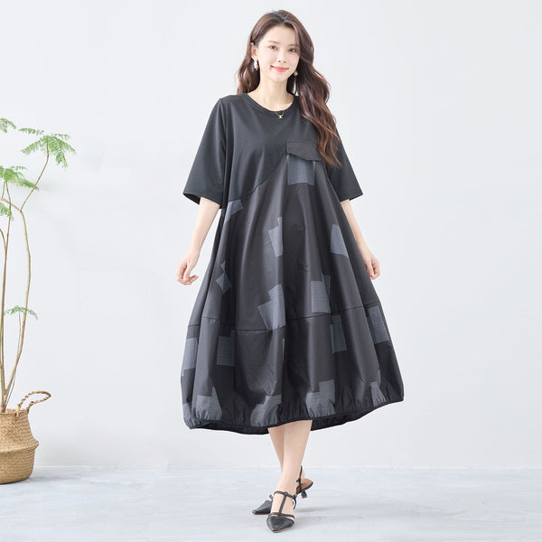 【L〜LL】異素材切り替えバルーンワンピース（C08-241C）｜大人のモードカジュアル×体型カバー