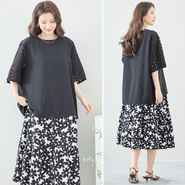 涼しく上品に映える夏トップス｜カットワーク刺繍スリーブで大人の抜け感を【L〜LL対応・ゆったりめ】