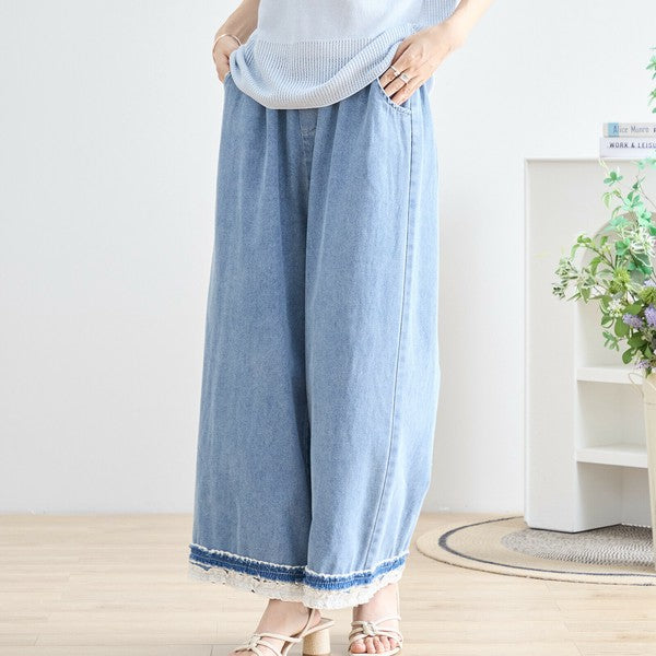 【M〜L】裾レース切替デニムライクガウチョパンツ｜ゆったり×ナチュラル可愛い（N52-090A）