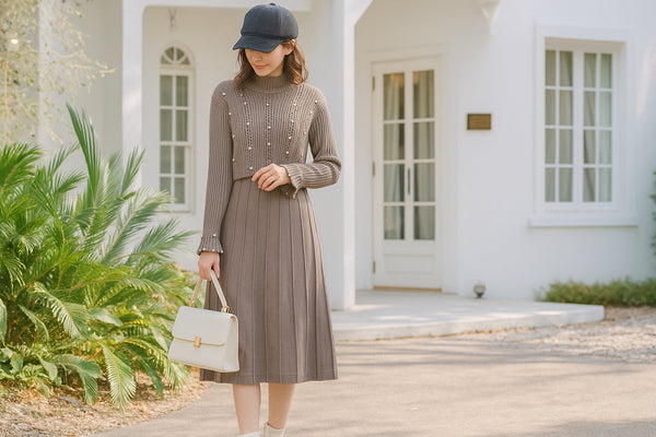 #秋の着回し vol.7 |【M〜L】着回し力無限大！パールベスト付きニットワンピースで叶える大人フェミニンコーデ