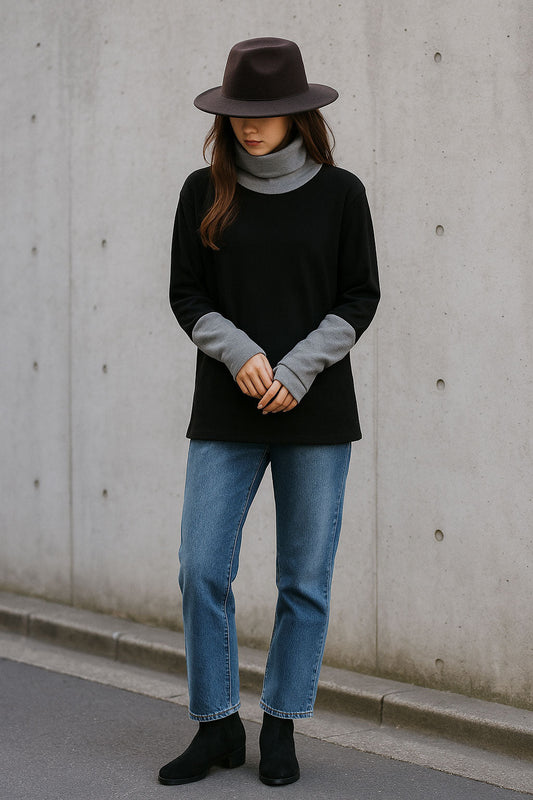 #冬の着回し vol.3 | 40代・50代にもおすすめ！【起毛素材×配色】レイヤード風タートルニットチュニック