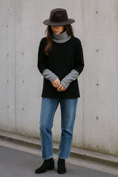 #冬の着回し vol.3 | 40代・50代にもおすすめ！【起毛素材×配色】レイヤード風タートルニットチュニック