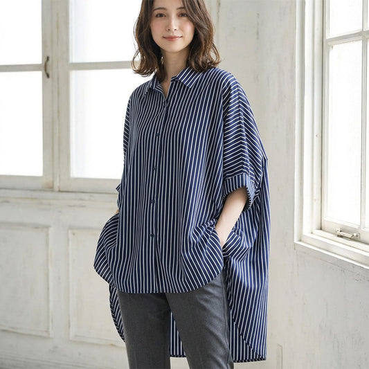 爽やかなストライプで魅せる抜け感。体型カバーも叶う「ドルマンチュニックシャツ」