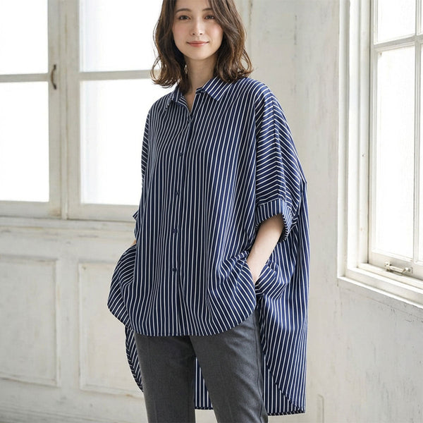 爽やかなストライプで魅せる抜け感。体型カバーも叶う「ドルマンチュニックシャツ」