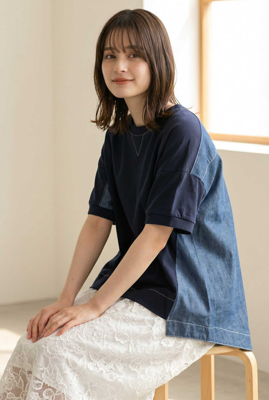 衝撃の着痩せ。異素材ミックスで魅せる「デニム切替 ドッキングTシャツ」