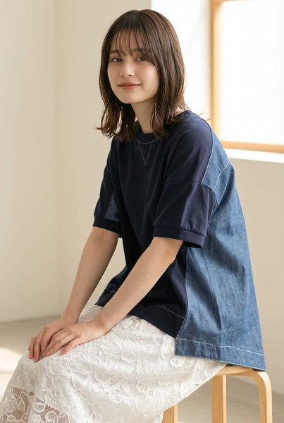 衝撃の着痩せ。異素材ミックスで魅せる「デニム切替 ドッキングTシャツ」