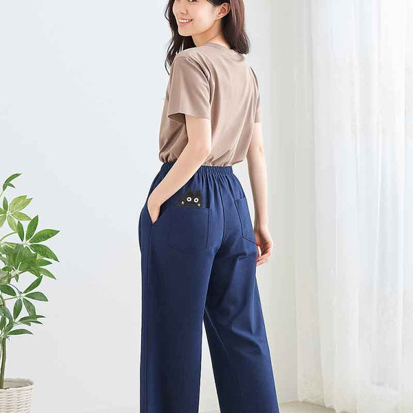 【M～L/L～LL】猫ワッペン付きワイドパンツ｜体型カバー×麻混×2サイズ展開（31310）