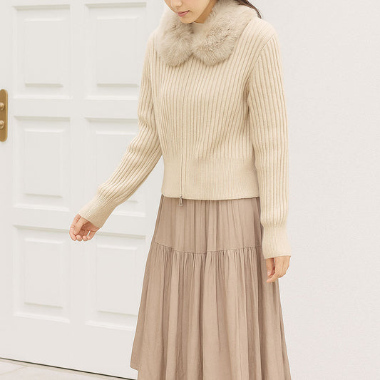 #秋の着回し vol.9 |【M〜L】華やかファー襟付き！上品ショート丈「ジップニットジャケット」で冬の着映えコーデ