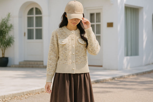 #秋の着回し vol.8 |【M〜L】いつものコーデが格上げ！パールボタンが上品な「ツイード調ニットカーディガン」